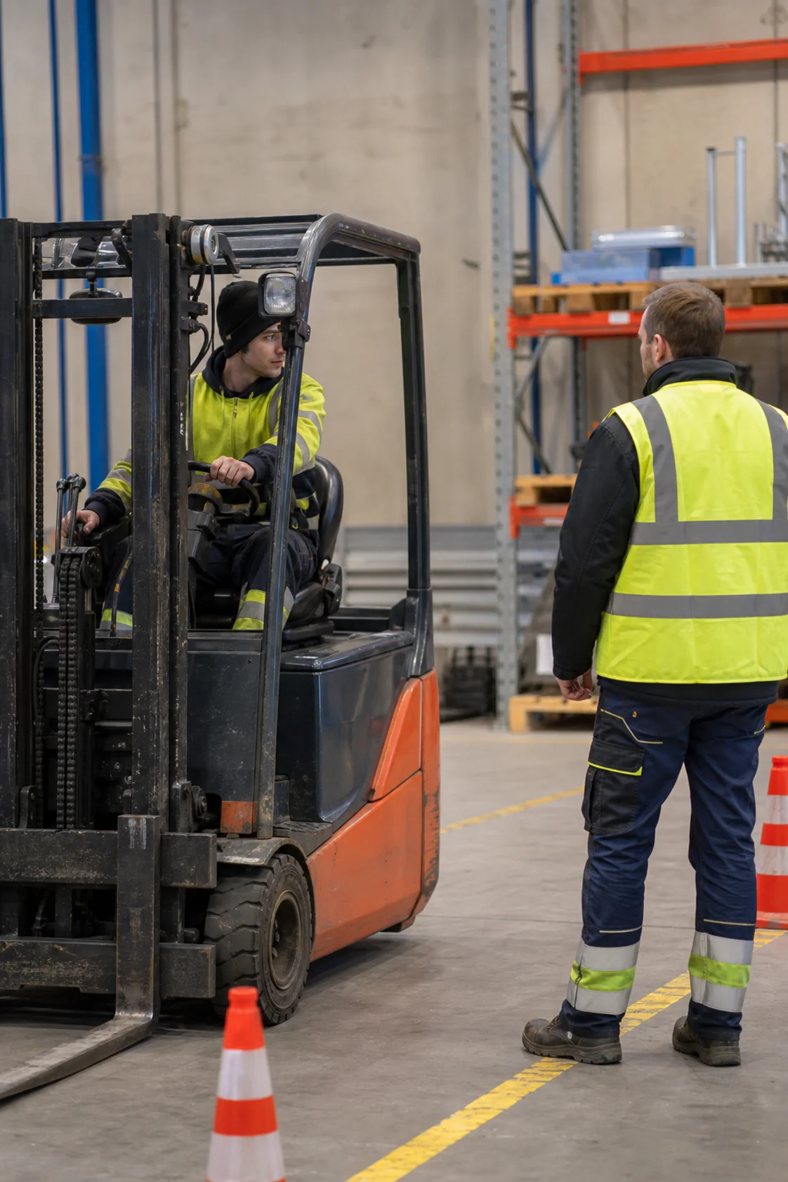 Deltaker gjennomfører praktisk truckøvelse under oppsyn av instruktør