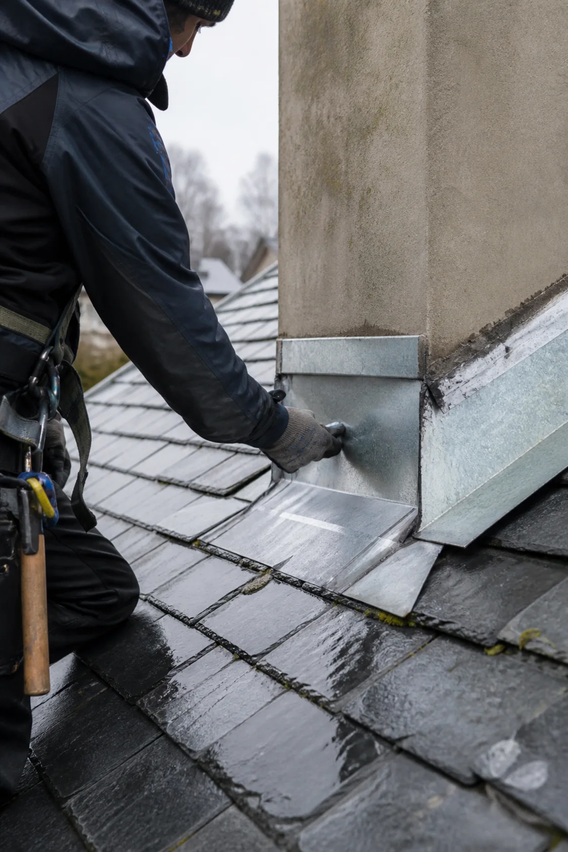 Taktekker kontrollerer beslag rundt en pipe på et skifertak